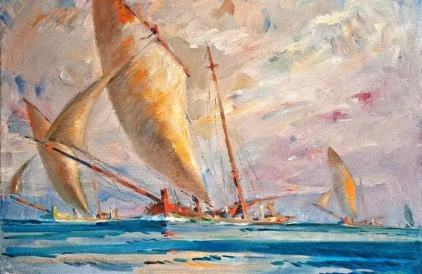 Albert Sirk: Jadrnice se vračajo z ulova v jutru, 1935; olje na platnu 