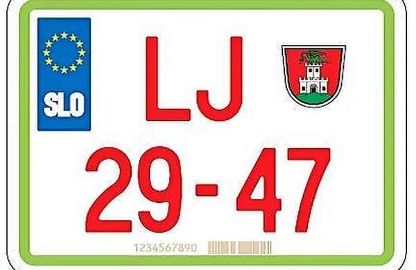 Primer registrske tablice. Označbe na njej  bodo rdeče barve.  