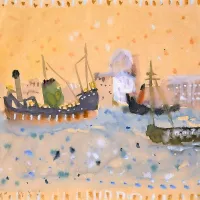 Zoran Mušič: Barke v Benetkah, 1947, akvarel, tempera, 
ročno izdelan papir.