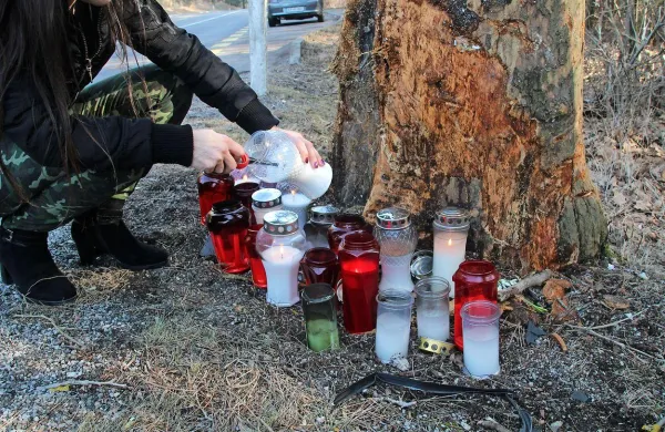 Ob olupljeno drevo pri avtobusni postaji za Hotično v teh 
dneh prijatelji pokojnega  16-letnega dekleta še vedno prinašajo sveče. 