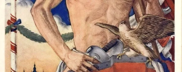 Plakat s 6. vsesokolskega zleta (srečanja): poudarjanje telesa in slovanskih nacionalnih barv. 