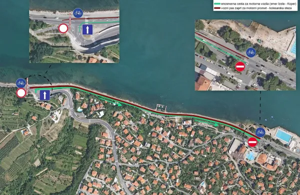 Odsek obalne ceste od  križišča pri vhodu v kopališče 
oziroma pri Hotelu Žusterna do priključka na Krožno cesto bo 
poslej enosmeren.