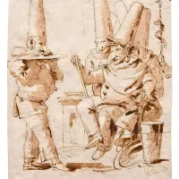 Takole je Tiepolo v letih 1750 in 1760 upodobil “kralja njokov” 
oziroma Poklon okronanemu Pulcinelli.   