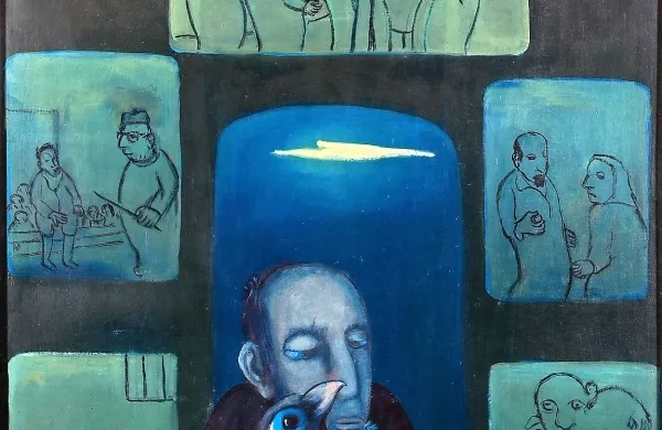 Jože Tisnikar: Avtoportret z vrano; 1998; olje in tempera na 
platno
