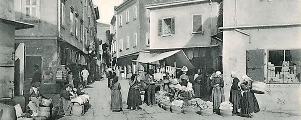 Razglednica iz leta 1912, ki jo hranijo v Pokrajinskem muzeju 
Koper, prikazuje nekdanjo trgovsko živahnost na Mudi, h 
kateri so prispevale tudi krušarice  iz okoliških krajev.