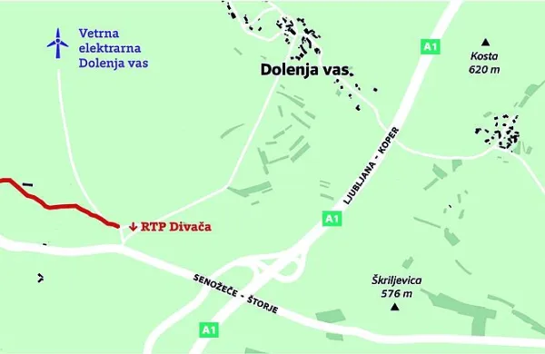 Rdeča črta na zemljevidu je cesta v lasti divaške občine, po 
kateri želi družba AAE Ventur zgraditi 20-kilovoltni kablovod.         