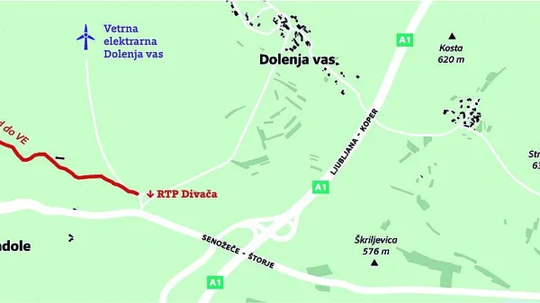 Rdeča črta na zemljevidu je cesta v lasti divaške občine, po 
kateri želi družba AAE Ventur zgraditi 20-kilovoltni kablovod.         