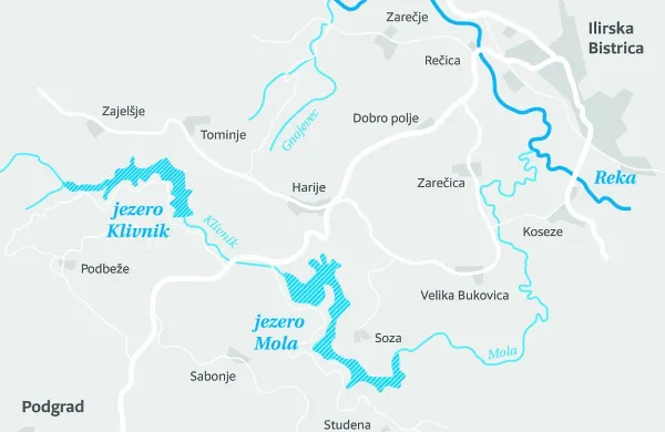 Porečje reke Reke z umetnima jezeroma Klivnik in Molo 
(prvega so uredili leta 1987, drugega osem let prej) 