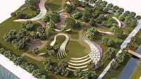 Park ob morju bi poleg zelenja dopolnjevale tlakovane 
površine, vzvalovljena nasutja z betonskimi elementi, igralne 
površine in prireditveno območje s tribunami.
