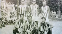 Generacija, ki je orala ledino. Ekipa iz leta 1951, stojijo: Alfonz 
Kralj, Zoran Zorzut, Emil Hvalica; čepijo;  Jože Lazar, Anton 
Čargo, Darko Garlatti.