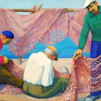 Herman Pečarič, Šivanje mreže, 1957, olje, tempera na platnu
