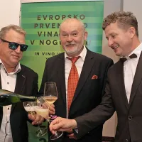 Žreb skupin za vinarsko nogometno prvenstvo Vino Euro je bil lansko jesen na Slovenskem festivalu vin v Ljubljani. Med 
podpredsednikom slovenske reprezentance Stojanom Ščurkom (levo) in njenim predsednikom Danilom Steyerjem, je 
Rado Stojanovič, direktor festivala.