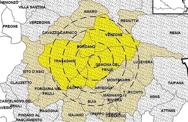 Žarišče potresa je bilo v kraju Bordano v Furlaniji Julijski krajini.