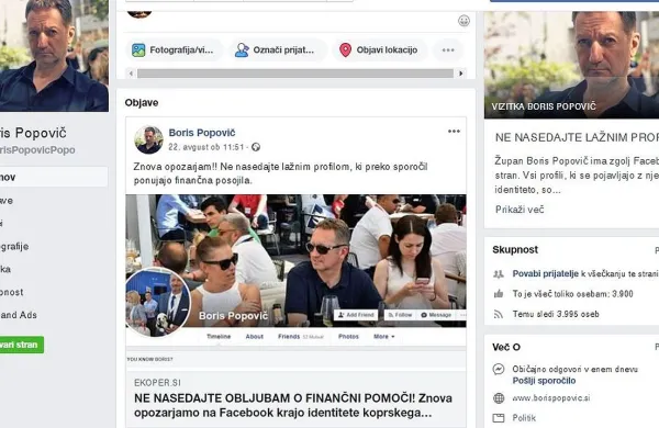 Na lažne profile je opozoril tudi Boris Popovič  na svojem  facebook profilu. 