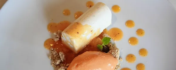 Kostanjev mousse in kakijev sorbet na kostanjevem drobljencu