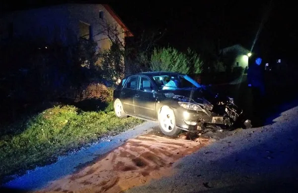 Zaradi neprilagojene hitrosti in naklonskega kuclja na cestišču je 
voznika zaneslo v desno, da je s črno mazdo čelno trčil v betonski 
drog električne napeljave.