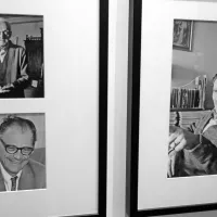 V Šelhausovem objektivu so se znašli tudi znani domači in tuji  literati Fran Saleški Finžgar (levo 
zgoraj), Arthur Miller (levo spodaj) in Edvard Kocbek.  