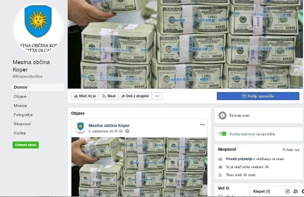 Sodeč po lažni facebook strani bi lahko naivneži sklepali, da jih na 
koprski občini čakajo kupi denarja za ugodna posojila. 