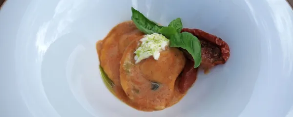 Polnjeni ravioli v omaki iz pesta su&scaron;enih paradižnikov