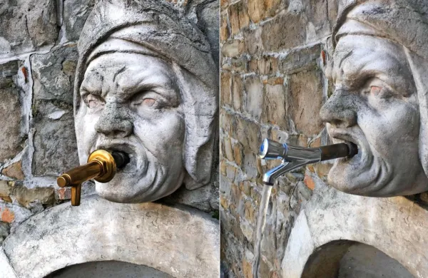“Kopalniško” pipo, ki je na Mudi “začasno” vztrajala nekaj let 
(desno) so danes nadomestili z novo (levo).