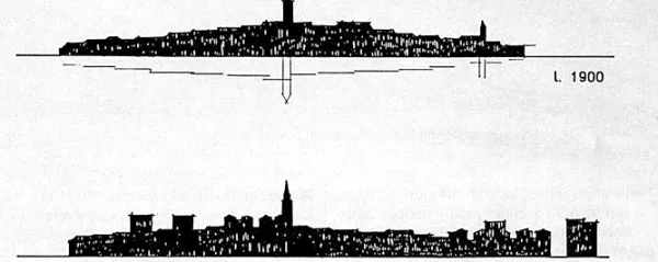 Razvoj koprske mestne silhuete po predlogu za asanacijo mestnega jedra, ki so ga pripravili v koprskem Investbiroju leta 
1964.