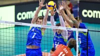 Slovenski zid italijanske šole v postavi Tonček Štern, Jan Kozamernik in Klemen Čebulj je bil uvodoma za Belgijce previsok.