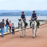 Med &scaron;tevilnimi sprehajalci tudi policista konjenika z lipicancema