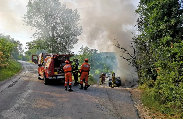 Danes popoldne v Hrvatinih je še iz neznanega razloga zagorel 
avtomobil. Foto: Miha Crnič 