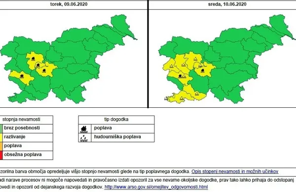 Vipava in Ljubljanica se v manjšem obsegu razlivata, prehodno se 
lahko dopoldan razlijeta tudi Gradaščica in Poljanska Sora, 
opozarjajo na Agenciji za okolje (Arso). (Foto vir: Arso)