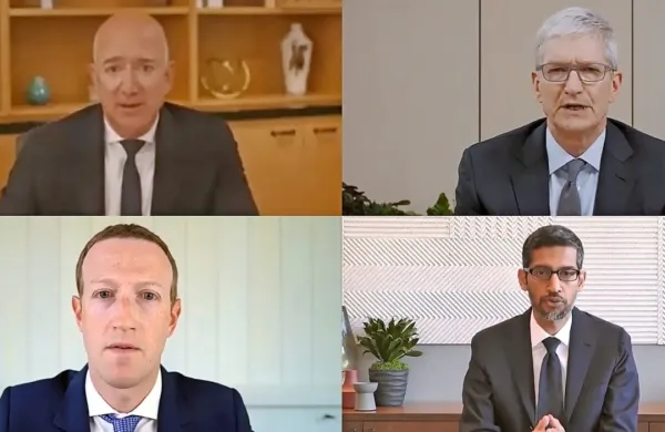 Četverica vodilnih menedžerjev (zgoraj Jeff Bezos in Tim Cook, 
spodaj Mark Zuckerberg in Sundar Pichai) je na zaslišanju 
sodelovala prek videokonference.