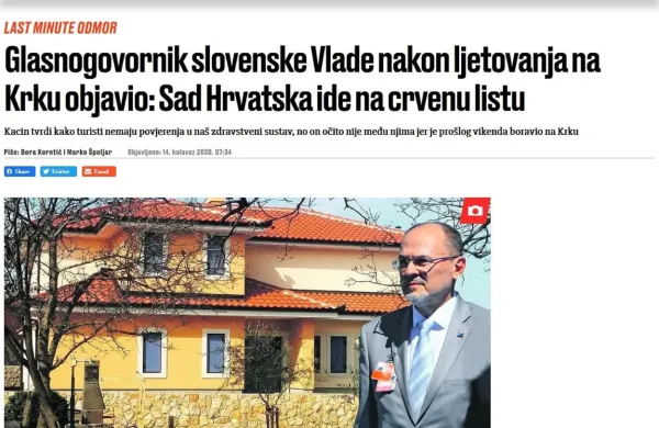 Jutarnji list  povzema  izjavo Jelka Kacina, da bi se Hrvaška zaradi 
zvišanja števila na novo okuženih lahko znašla na slovenskem 
rdečem seznamu.