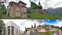 Od zgoraj z leve proti desni vila Rafut arhitekta Antona Laščaka, cerkev Sv. Duha, kulturni dom v Sežani, ki je delo skupine 
Kras, in veličastni Ferrarijev vrt, ki je nastal po načrtih Maksa Fabianija v Štanjelu.