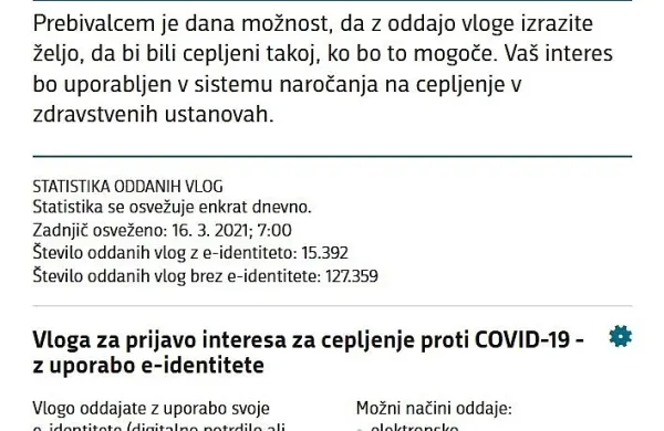 Na spletni strani eUprave še vedno vabijo k elektronski prijavi za 
cepljenje proti covidu-19.