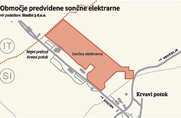 Območje sončne elektrarne bo obsegalo deset hektarjev zemljišč 
med mejo z Italijo (na levi) ter nogometnim igriščem, dotikalo se 
bo tudi ceste za Vrhpolje.

  