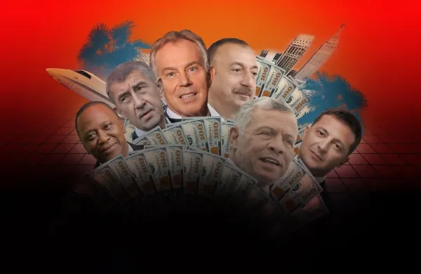 V Pandorinih dokumentih so se med drugimi ujeli (z leve) kenijski 
predsednik Uhuru Kenyatta, češki premier Andrej Babiš, nekdanji 
britanski premier Tony Blair, azerbajdžanski predsednik Ilham 
Alijev, jordanski kralj Abdulah II. in ukrajinski predsednik Volodimir Zelenski.