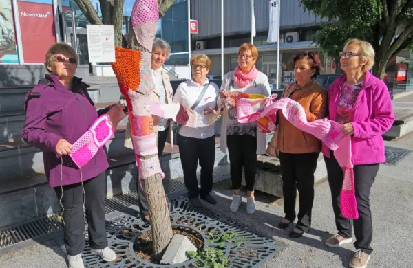 Skupina žena, ki je prebolela različne rake, rožnati oktober in 
preventivno osveščanje že pet let začenja z odevanjem dreves v 
rožnate pletenine. 