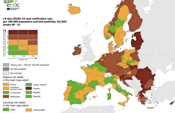 Slovenija na zemljevidu ECDC ostaja temno rdeča