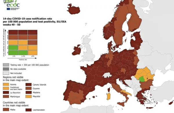 Na zemljevidu ECDC večina Evrope rdeča ali temno rdeča