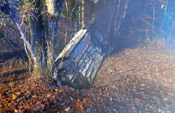 V gosti megli z avtom zapeljal s ceste in se prevrnil