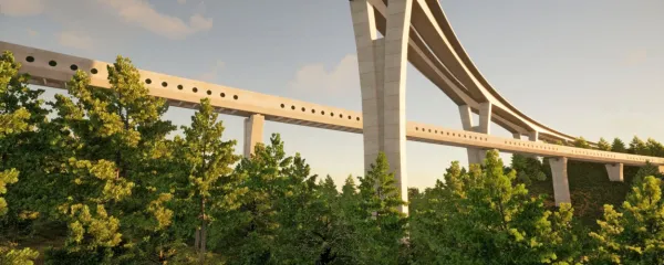 Železniški viadukt je podrejen avtocestnemu  in že njegova oblika  
daje videz švigajočega vlaka.