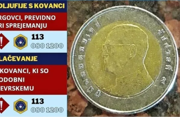 Vse gre za dva evra (od leve): španski žeton in kovanca za deset tajskih 
bahtov. 