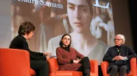 Na odru  Avditorija Portorož so se o filmu Telesce pogovarjale (z 
leve) novinarka Neva Zajc, glavna igralka Celeste Cescutti in 
literarna zgodovinarka dr. Milena Mileva Blažić.  