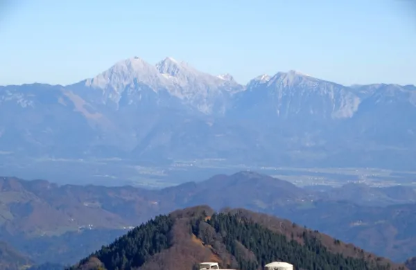 Vrh Blegoša (1562 m), v ozadju Kamniško-Savinjske Alpe

