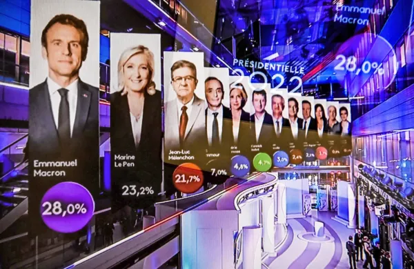 V nedeljo zvečer so po zaprtju volišč v prvem krogu predsedniških 
volitev v Franciji vzporedne volitve pokazale, da se bosta v drugem 
krogu pomerila  Emmanuel Macron in Marine Le Pen. 