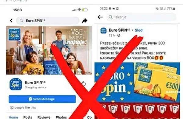 Na facebooku se je pojavila lažna stran podjetja Eurospin, ki vabi 
k lažni nagradni igri. 