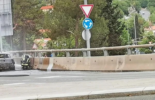 Pred kratkim je zagorelo osebno vozilo znamke bmw na semedelskem nadvozu. Foto: Aljaž Novak
