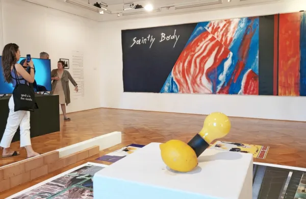 V galeriji Loža so na ogled videi,  plakati, instalacije in tudi velika barvita platna. 