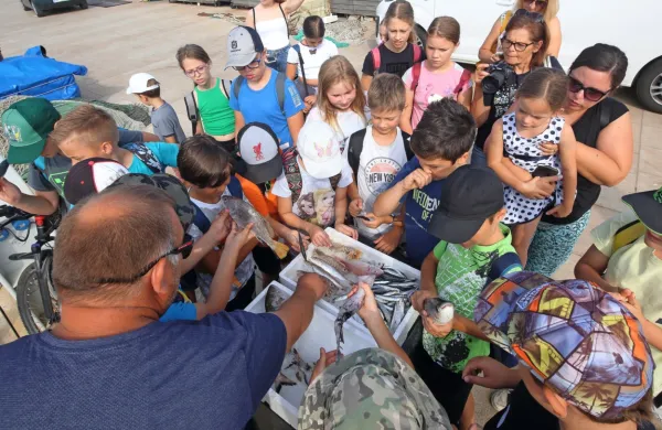 Radovedni otroci so se zbrali ob “kašeti” s svežim morskim ulovom ribiča Matjaža Radina.