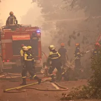 Apokaliptičen prizor na cesti pri Vojščici: v gostem oranžnem dimu gasilci hitijo gasiti in podirati drevesa pred hitro bližajočim se ognjem.