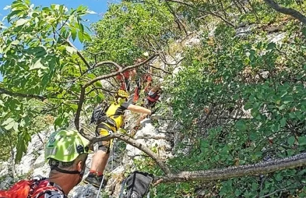 Gorski reševalci  iz  ajdovske  skupine  GRS  Tolmin  so  plezalca    do 
pešpoti   pospremili   z vrvno  tehniko. 